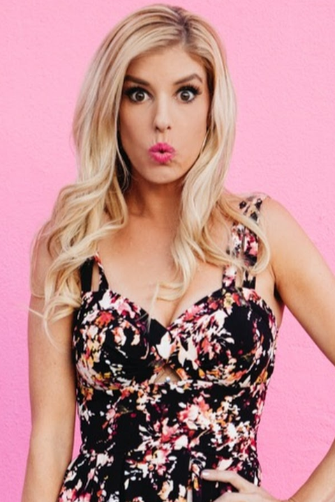 Rebecca zamolo posing surprised while wearing pink lipstick and black dress