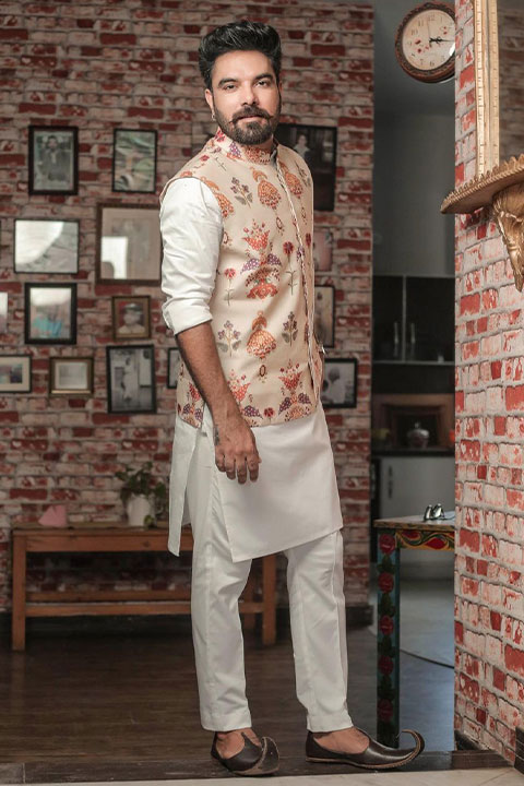 Yasir Hussain in white kameez shalwar and waist coat