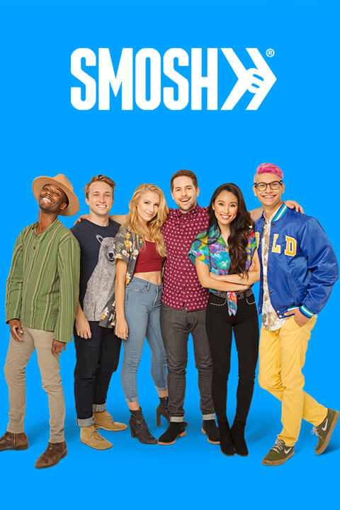 Group photo of Smosh that includes four young mens and two womens, Ian Hecox and Anthony Padilla, posing together. They are both smiling and wearing casual clothing.