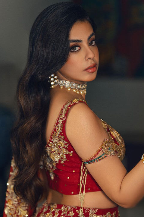 Yashma gill is posing beautifully in red blouse.